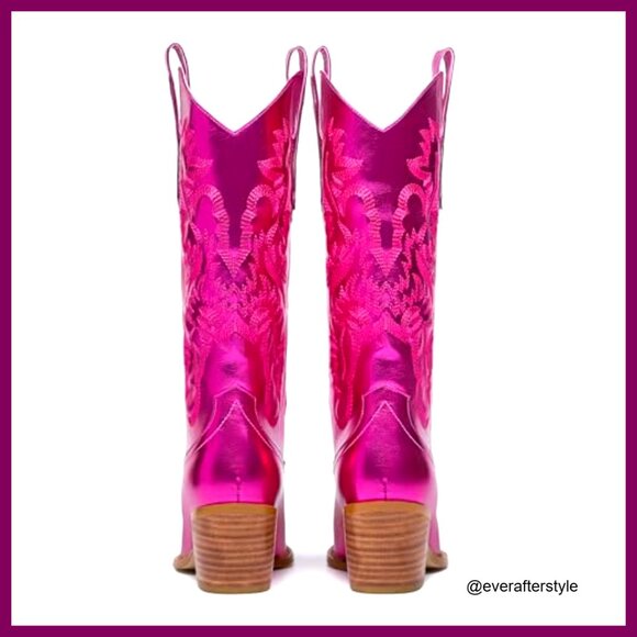 Glitter Metallic Embroidered Cowboy Boots Wide Calf Chunky Heel Pull On - Picture 4 of 6